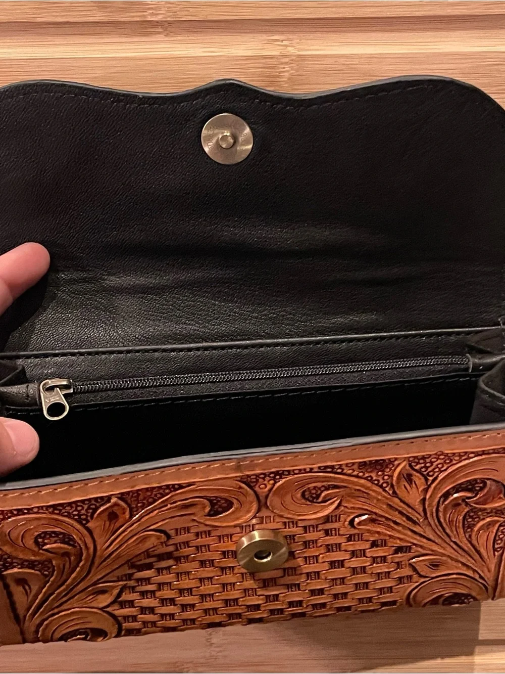 Hand-Tooled genuine Leather Wallet with Green Cactus Accent